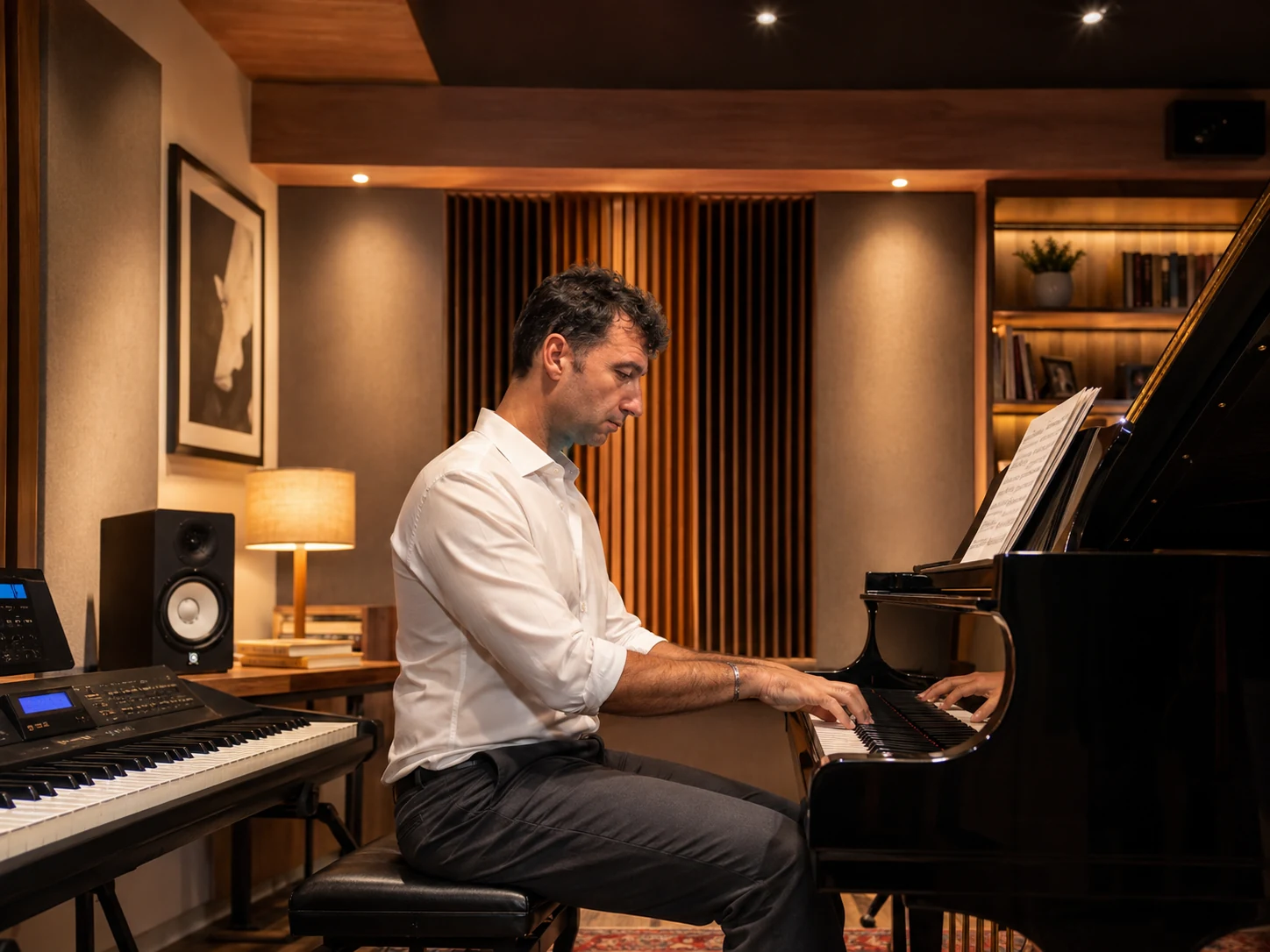 Diego Rossi mentre suona il pianoforte in studio